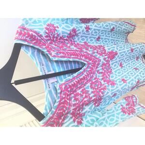 Gretchen Scott Embroidered Split Neck Print Tunic Turquoise Pink M